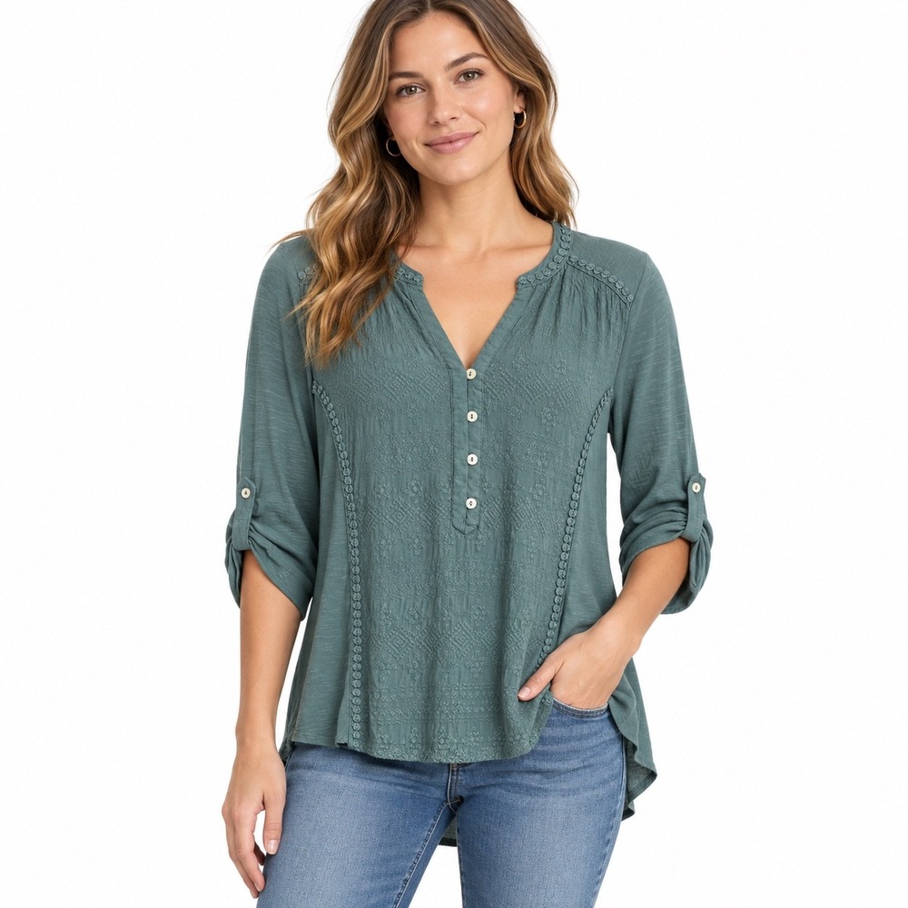 Democracy Womens Large Green Top Embroidered Henley Roll Tab Boho Fall Season